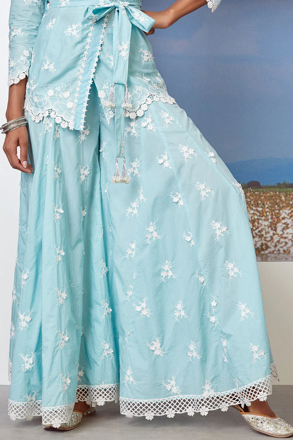 Mulmul Turquoise Cotton Pearl Star Sharara