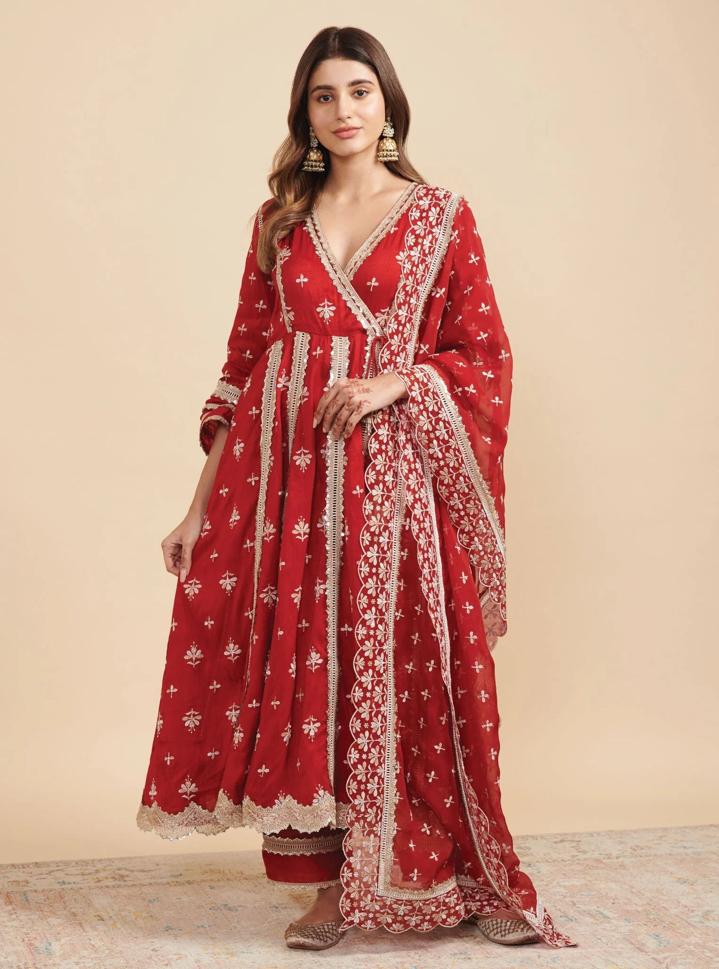 Mulmul Red Silk Khanak Anarkali