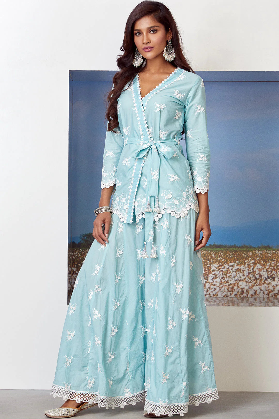 Mulmul Turquoise Cotton Pearl Star Sharara