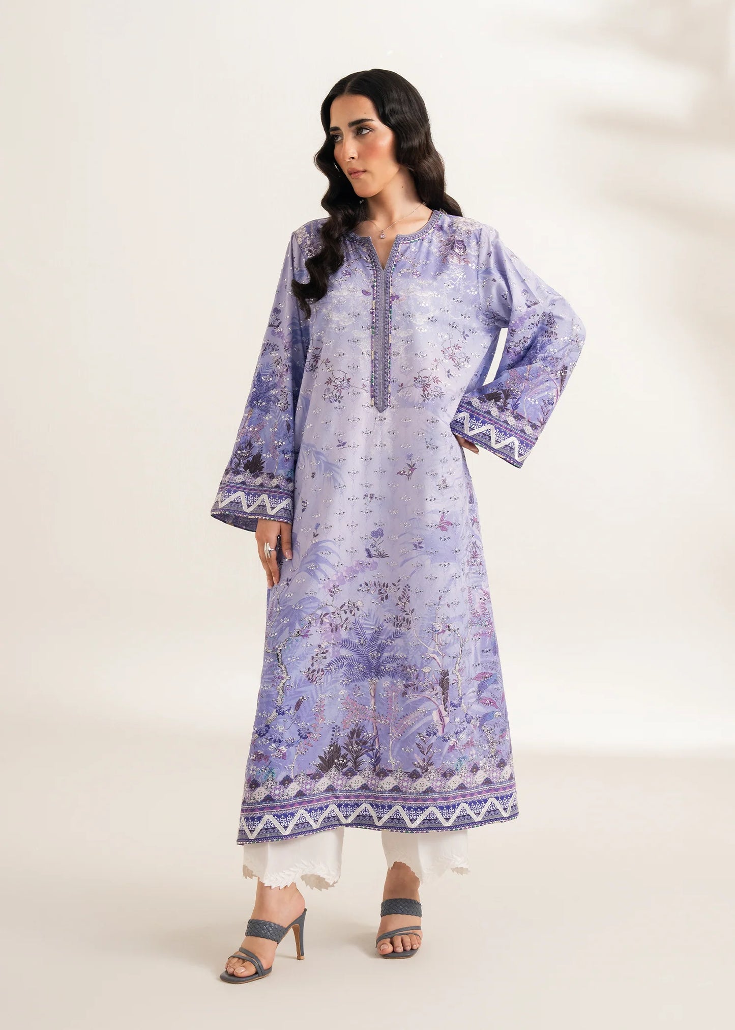 Lavender Printed Embroidered Kurta