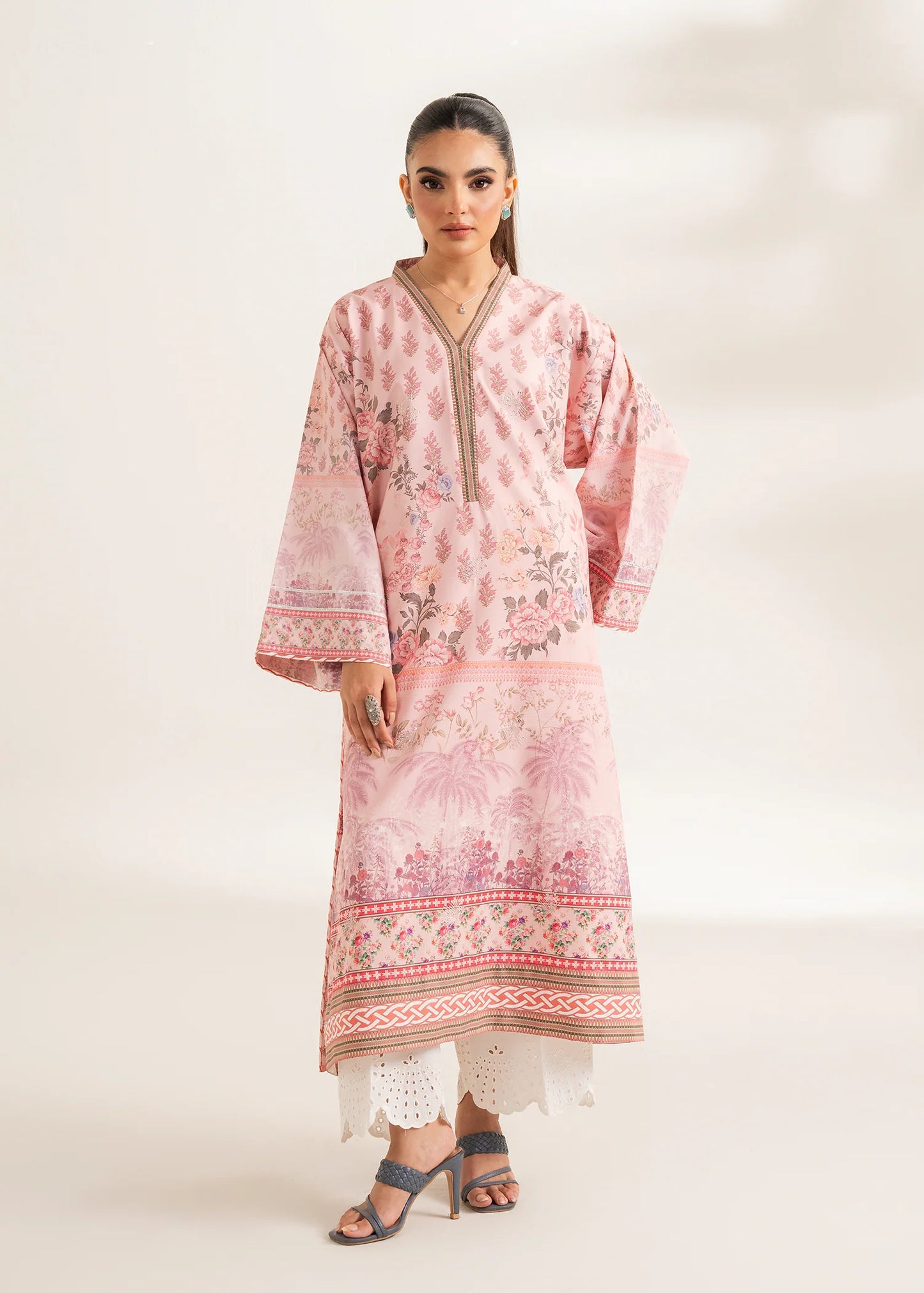 Pink Printed Embroidered Kurta