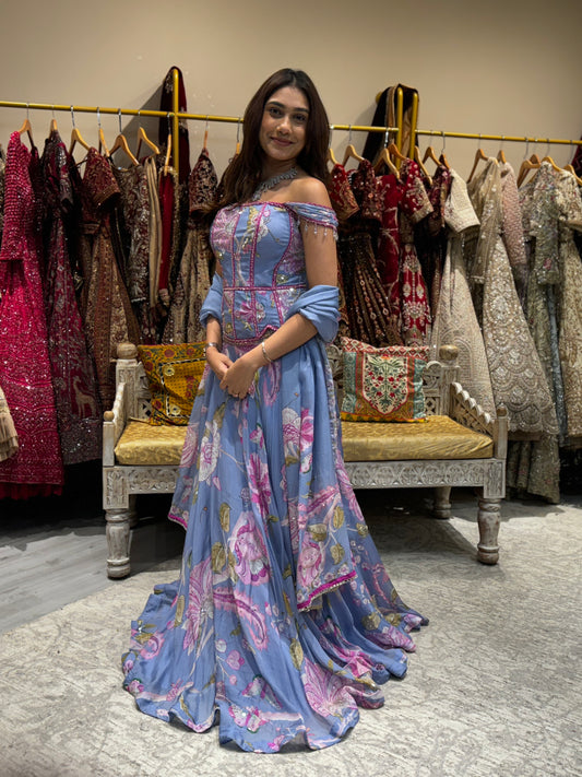 Dusty Blue Floral Corset Lehenga