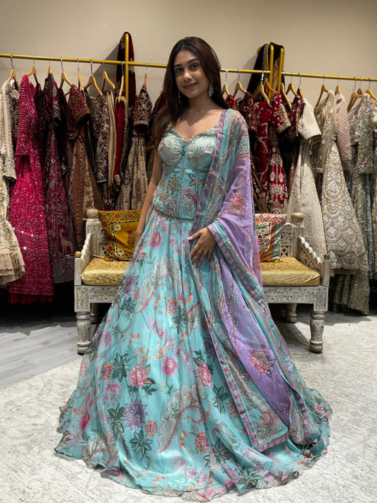 Organza Mint Corset Lehenga