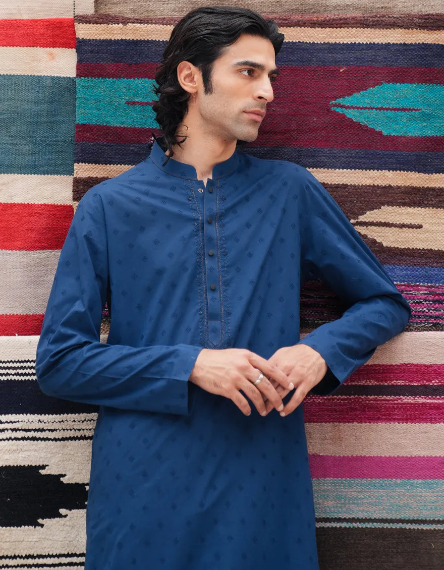 Blue Cotton Schiffli Kurta