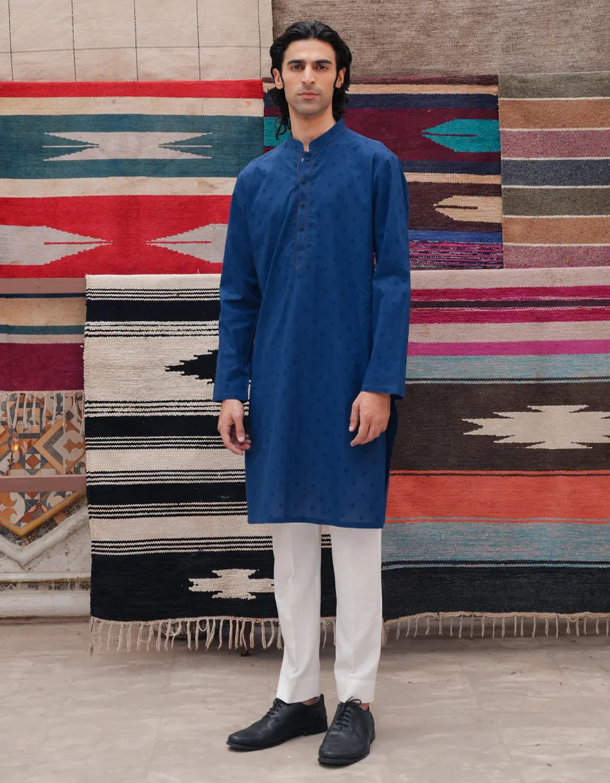 Blue Cotton Schiffli Kurta